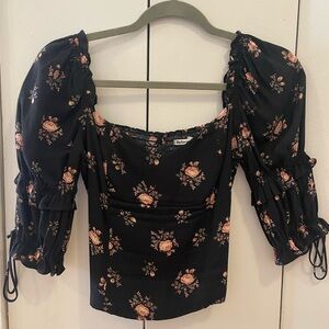 Reformation blouse - black with pink flowers, cinched sleeves